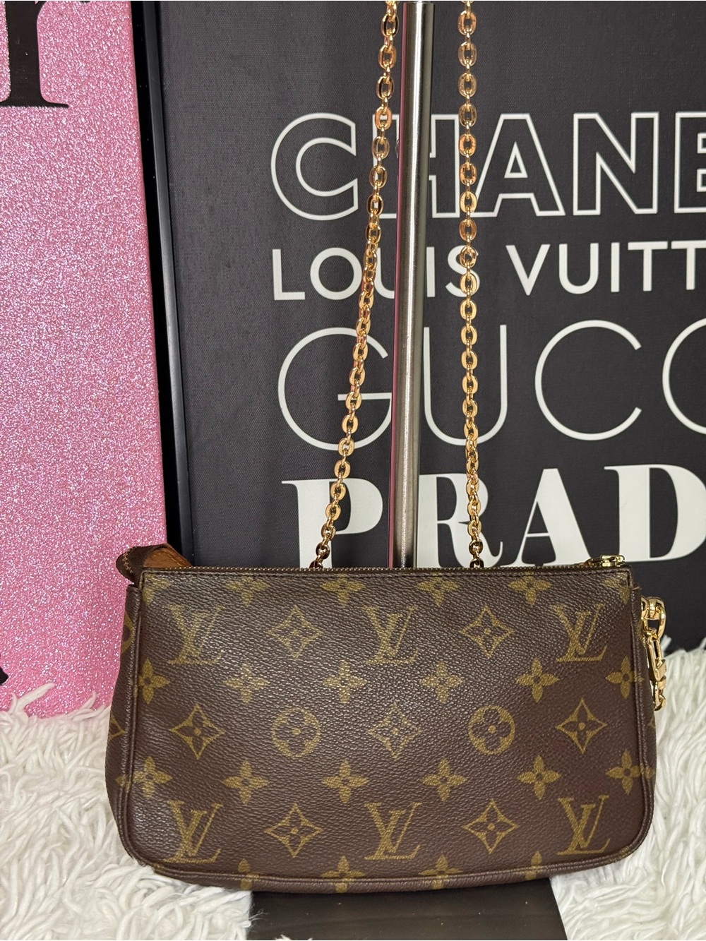 Louis Vuitton Monogram Mini Pochette in Brown with Gold Chain